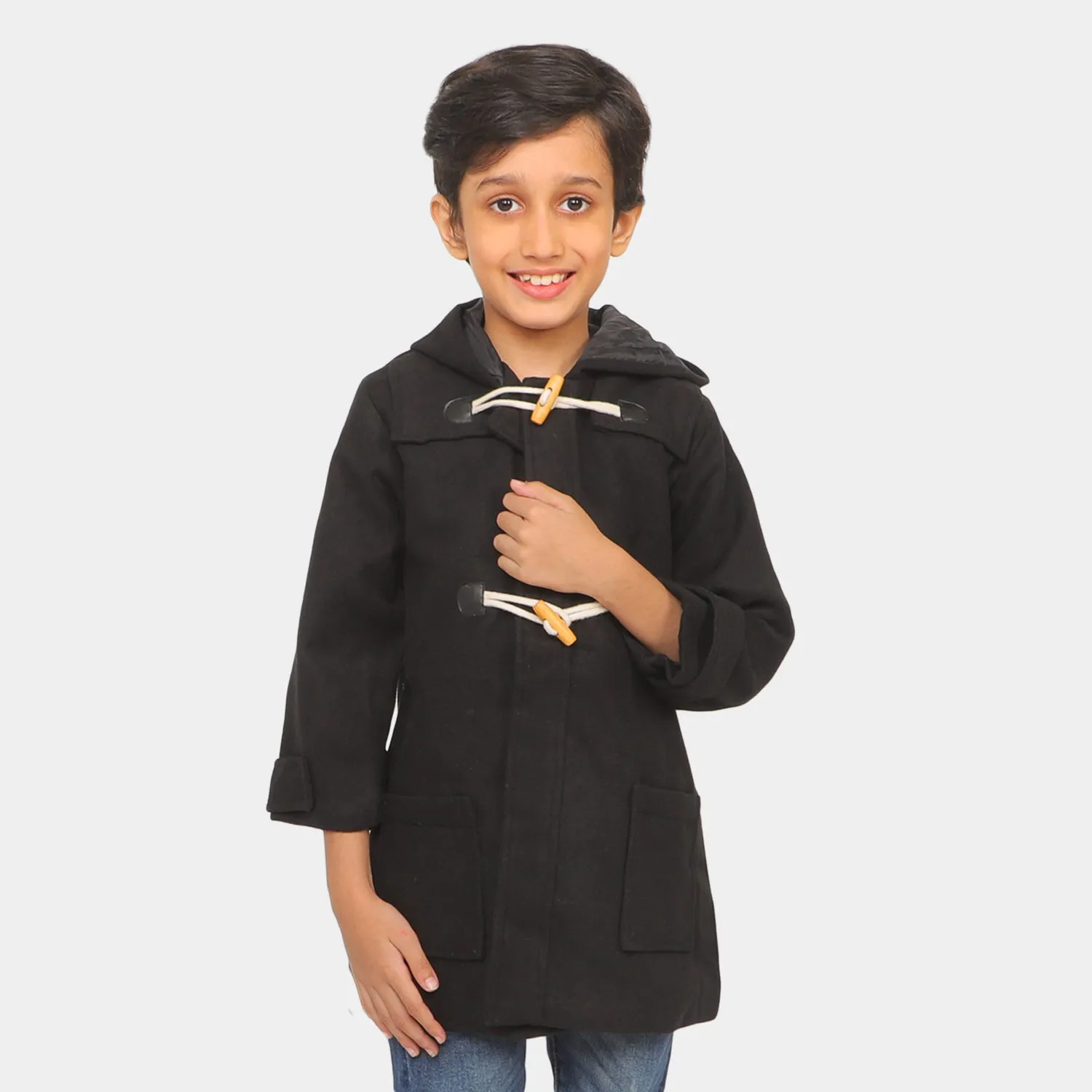 Boys Hooded Woolen Trench Coat - BLACK