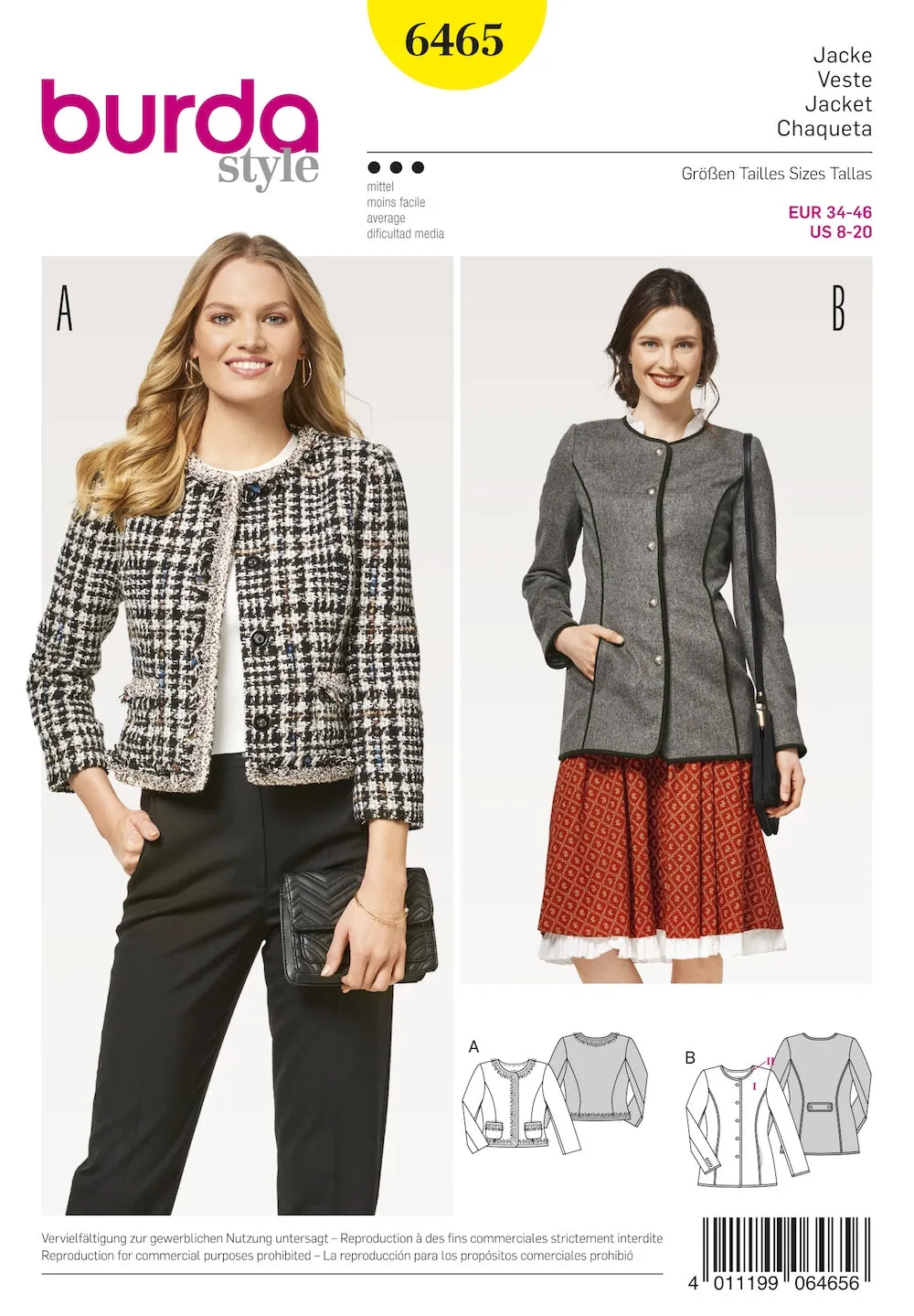 Burda Pattern 6465 Misses' Collarless Jacket (8-20)