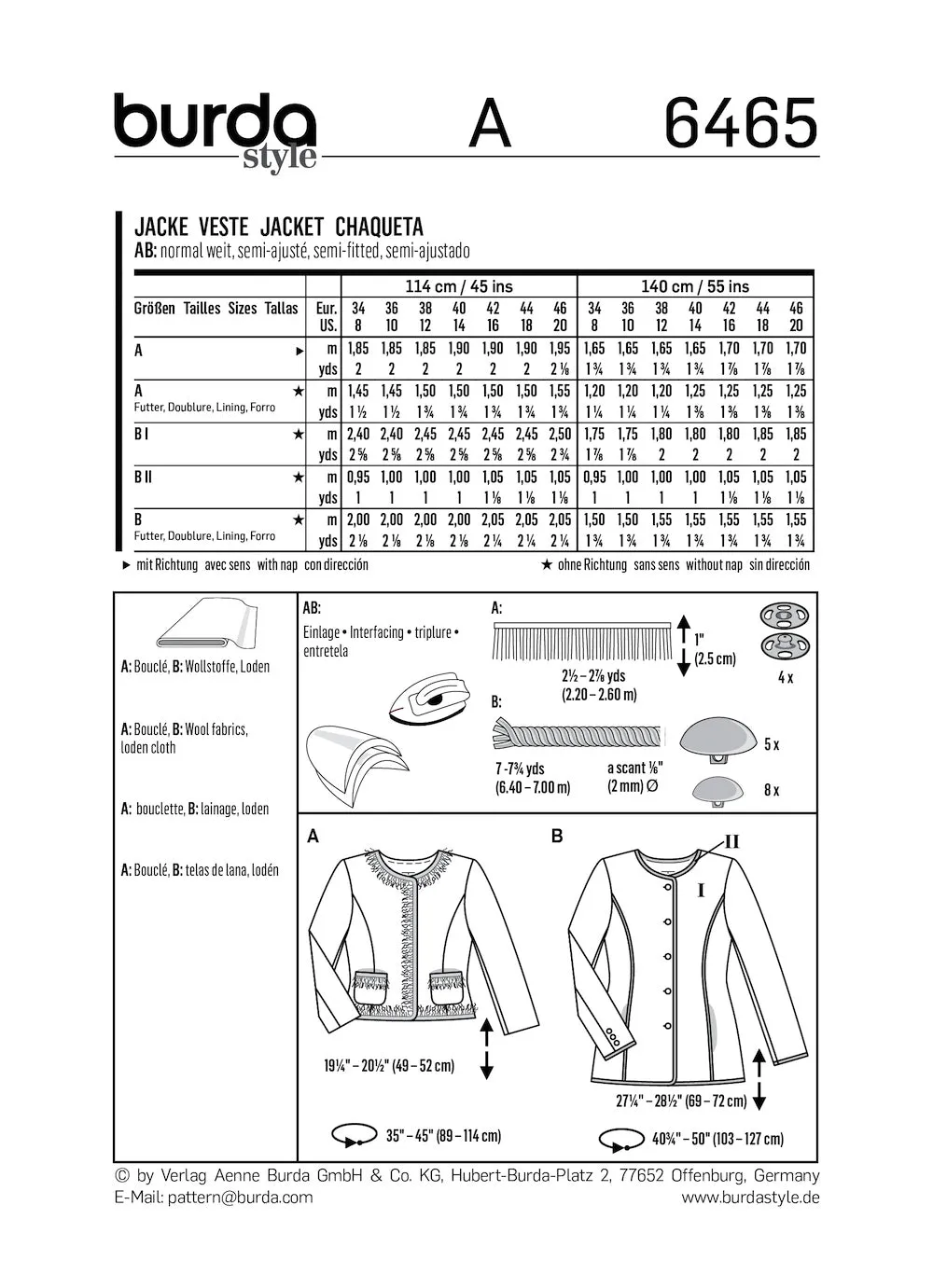 Burda Pattern 6465 Misses' Collarless Jacket (8-20)