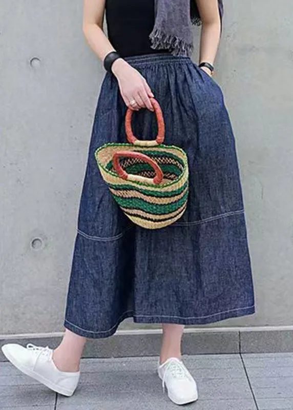 Casual Denim Blue Pockets Elastic Waist Patchwork Skirts Spring VB1060