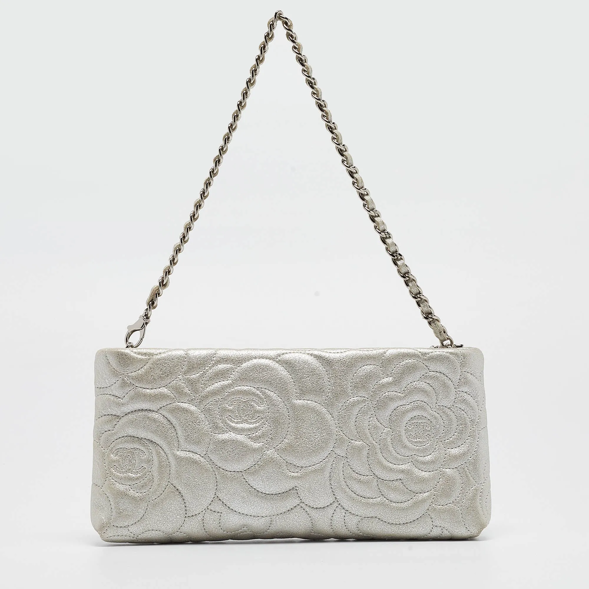 CHANEL Grey Shimmer Nubuck Leather Camelia Embossed Chain Clutch