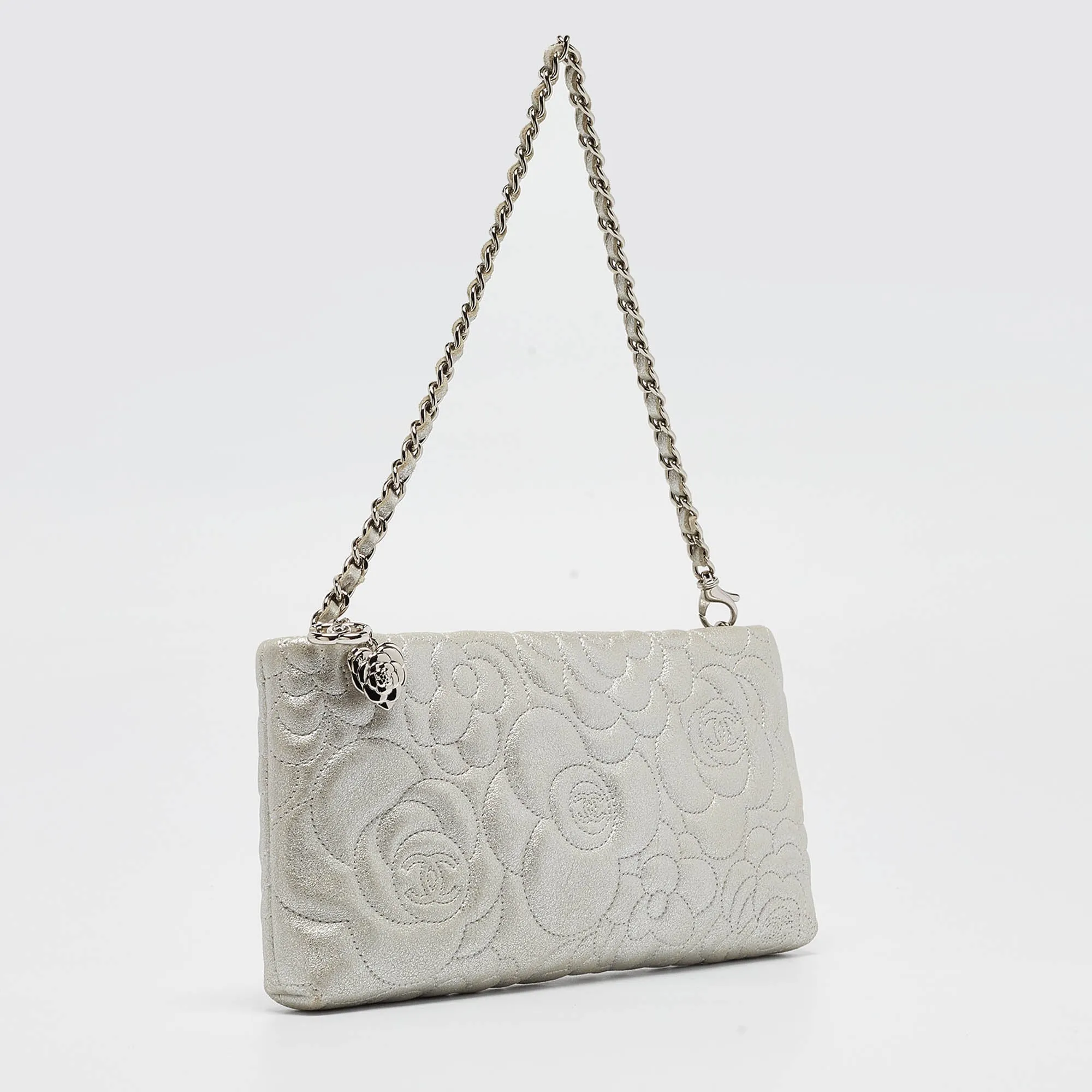 CHANEL Grey Shimmer Nubuck Leather Camelia Embossed Chain Clutch