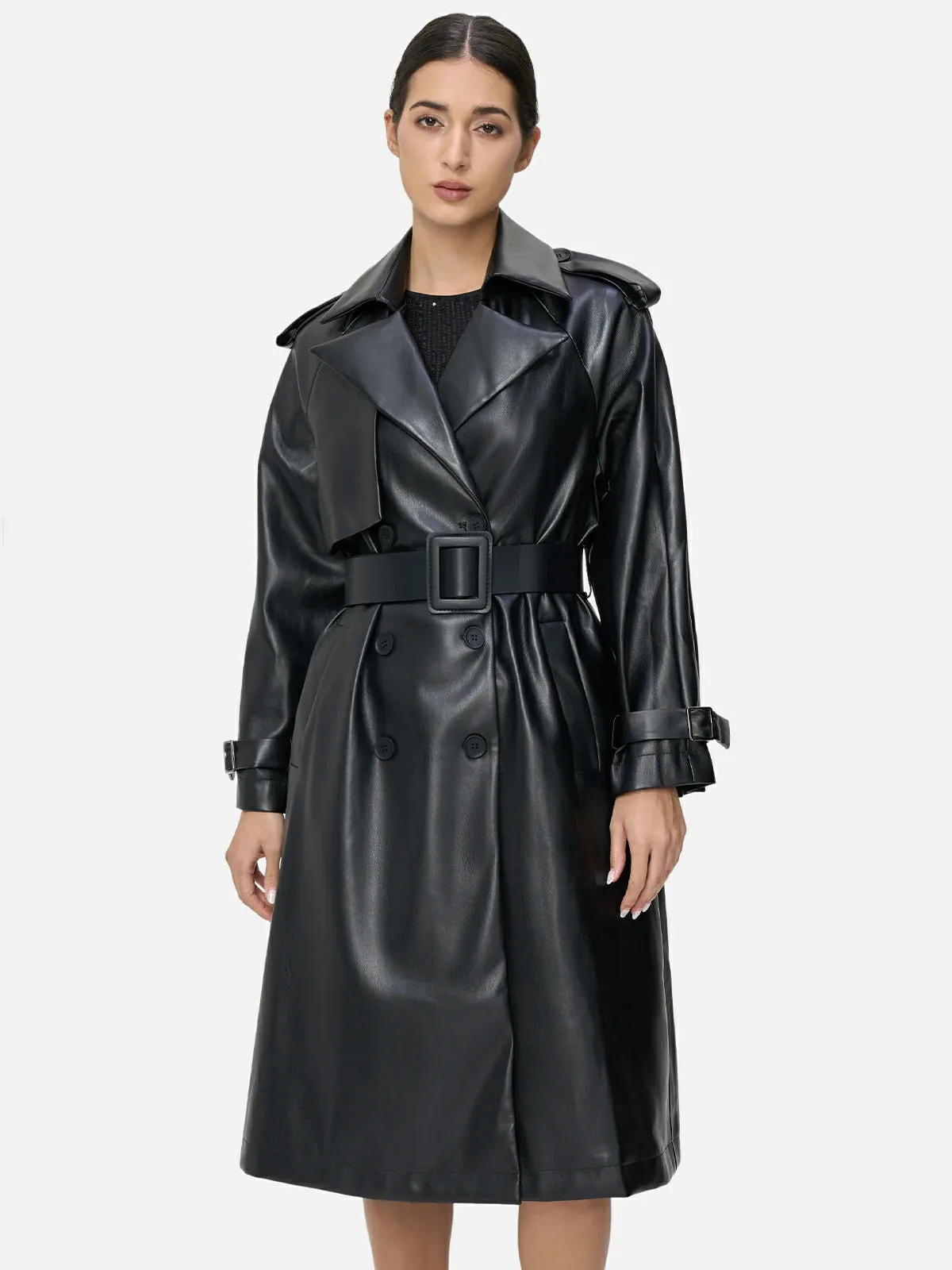 Classic Lapel Leather Long Trench Coat