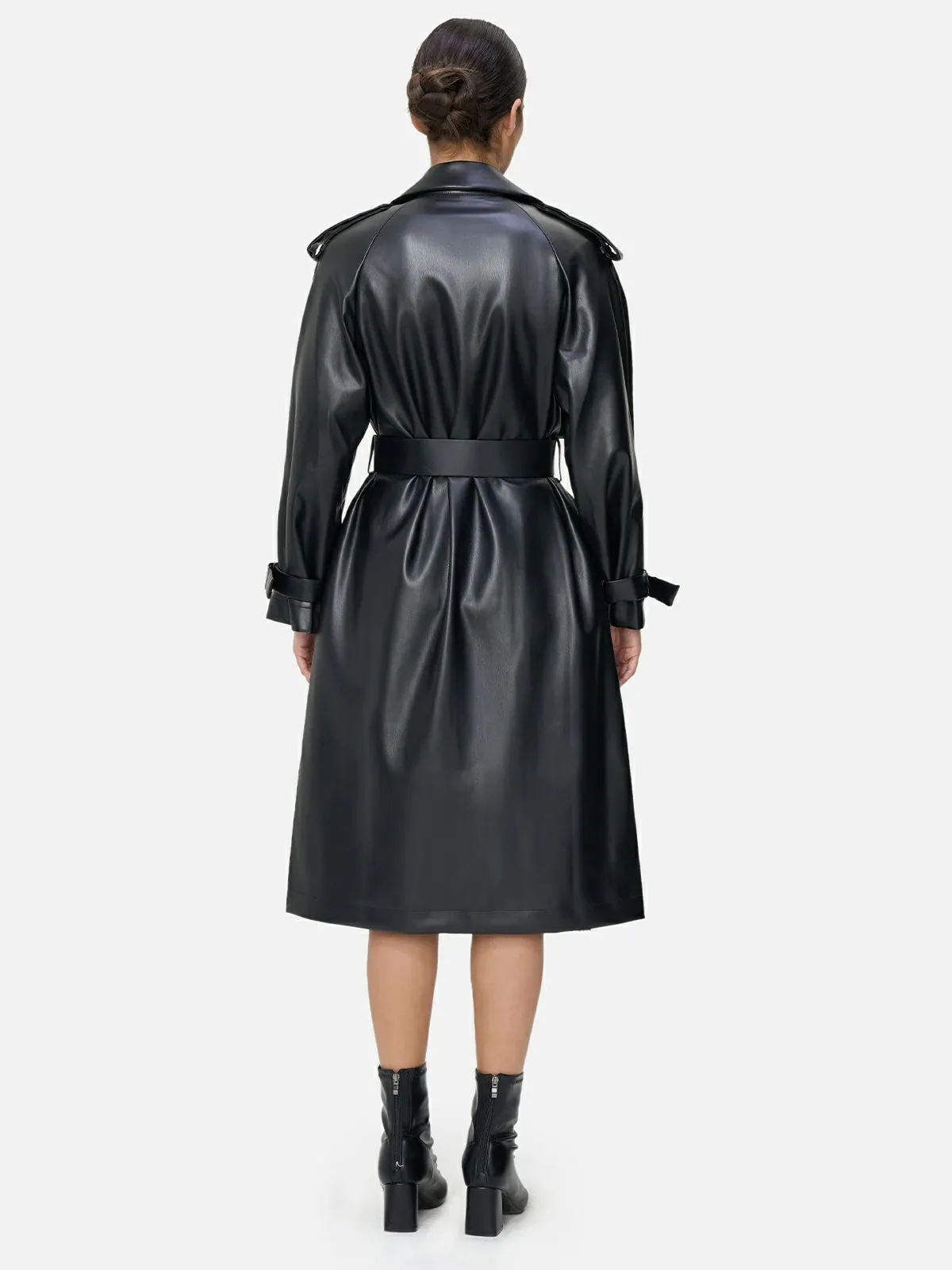 Classic Lapel Leather Long Trench Coat