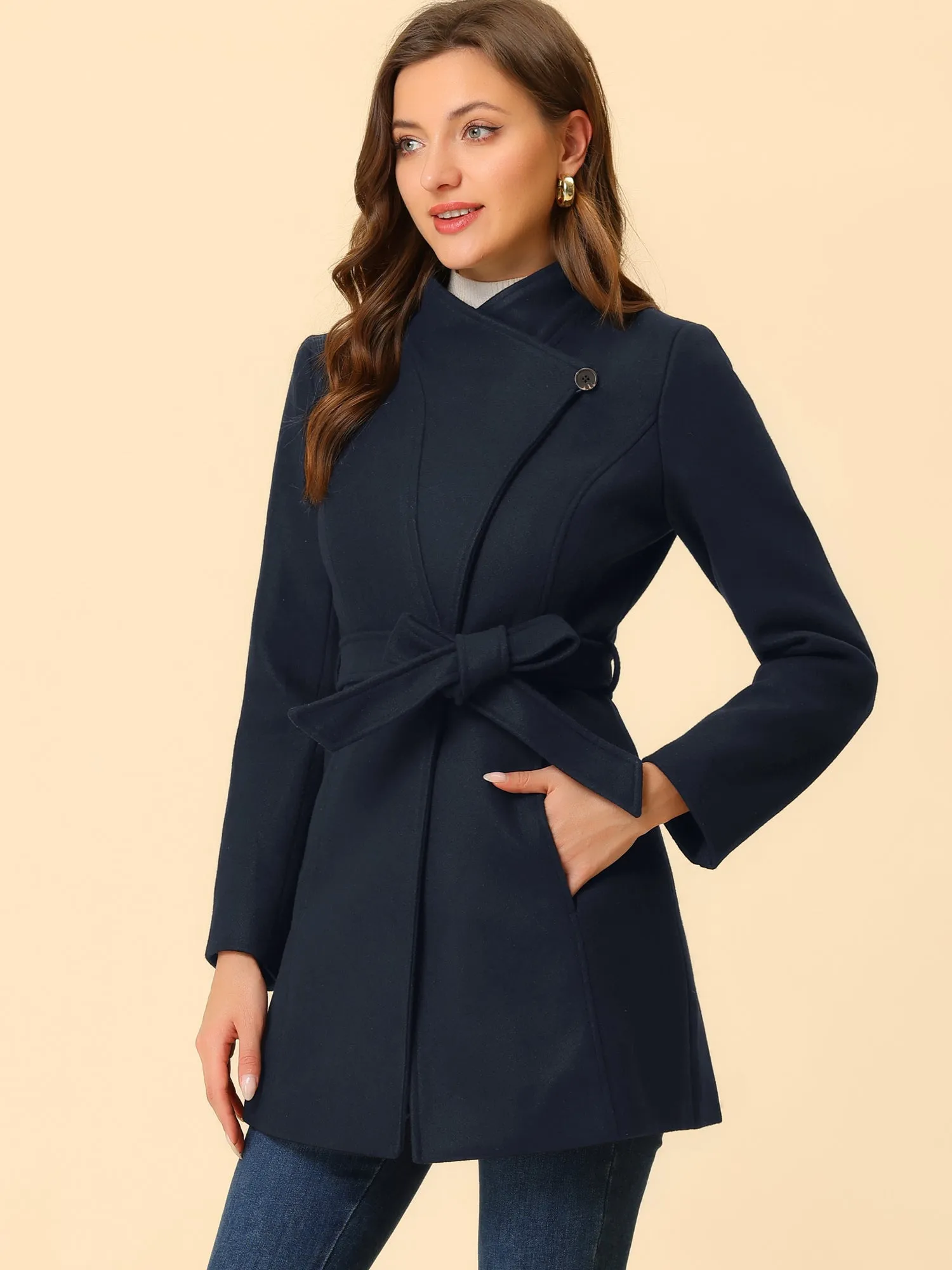 Classic Stand Collar Long Sleeve Winter Belted Coat