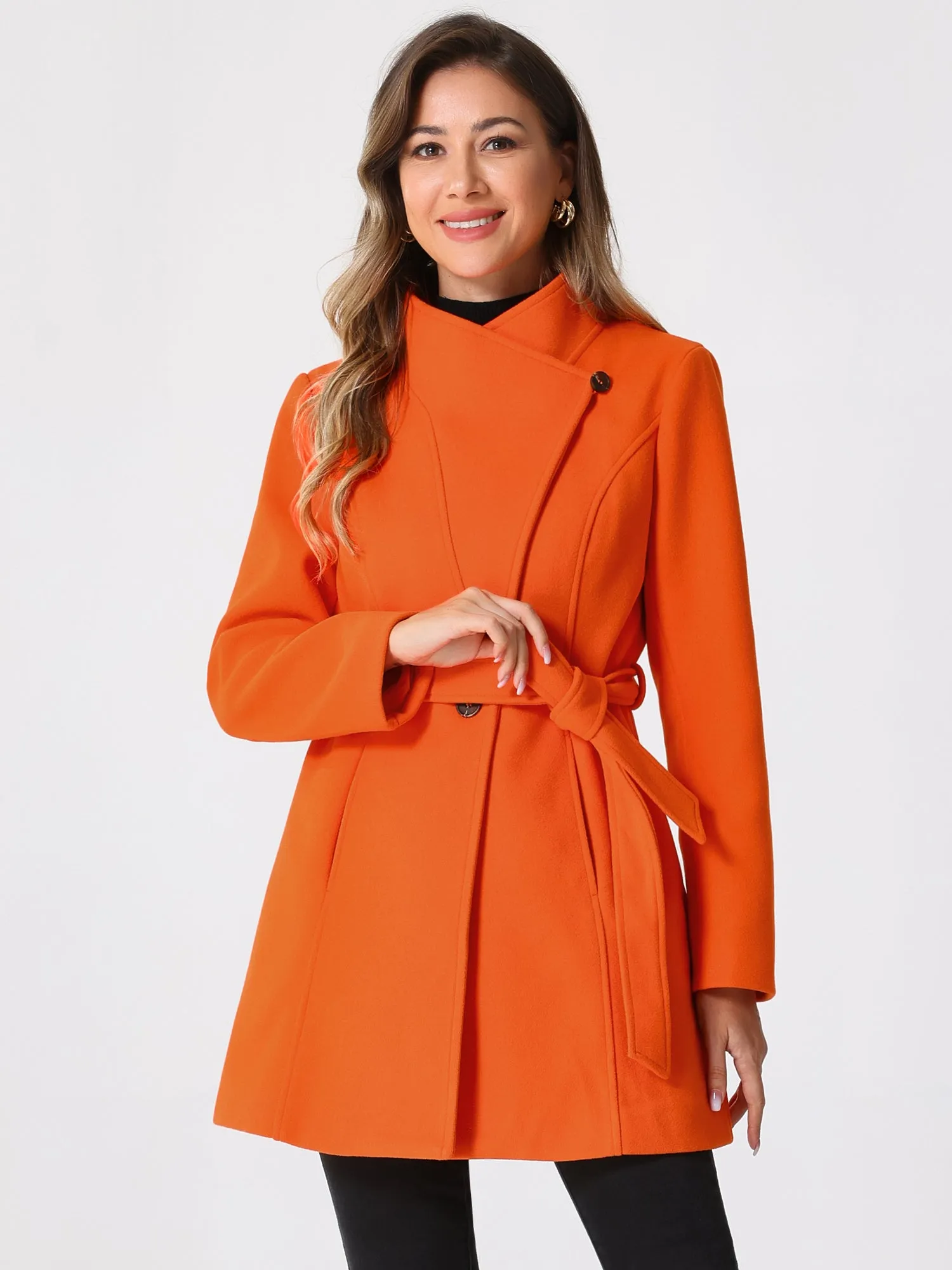 Classic Stand Collar Long Sleeve Winter Belted Coat