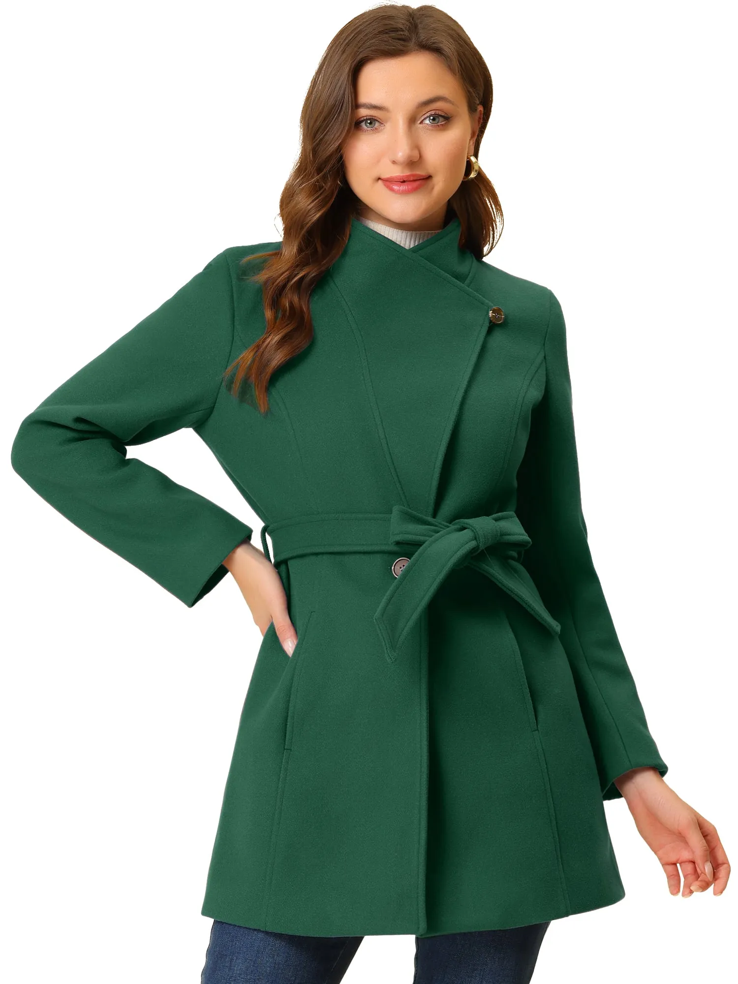 Classic Stand Collar Long Sleeve Winter Belted Coat