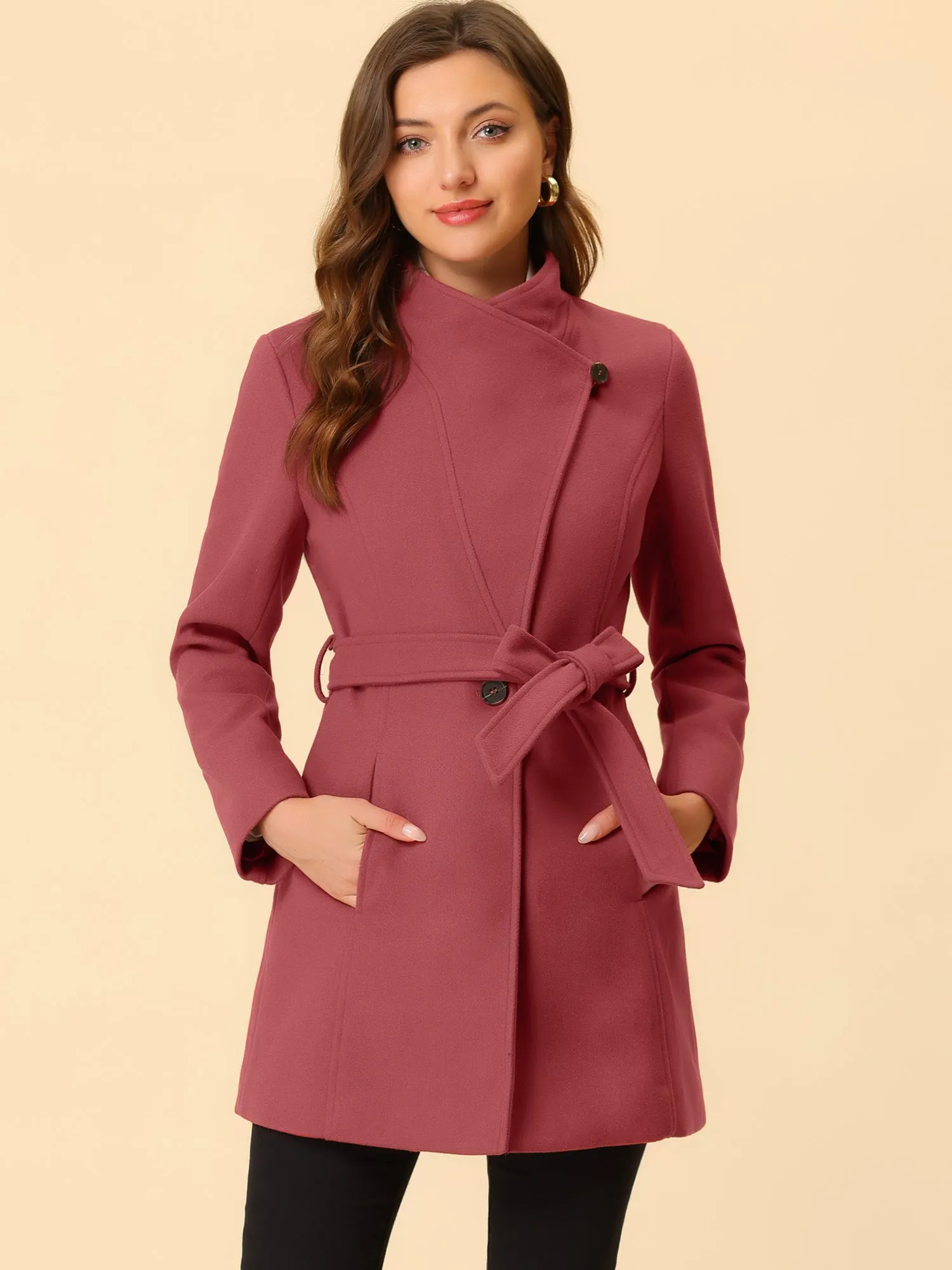 Classic Stand Collar Long Sleeve Winter Belted Coat