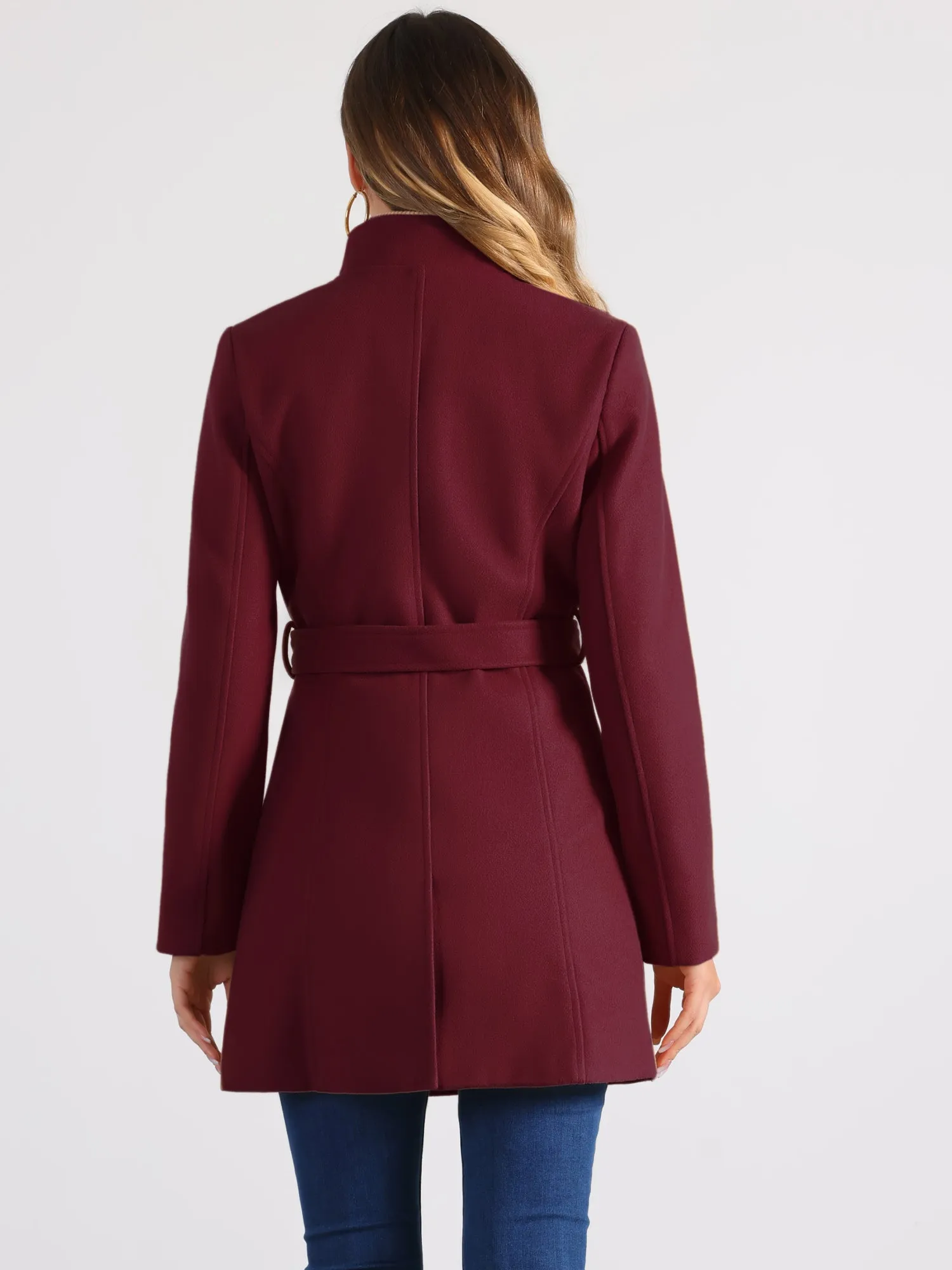 Classic Stand Collar Long Sleeve Winter Belted Coat