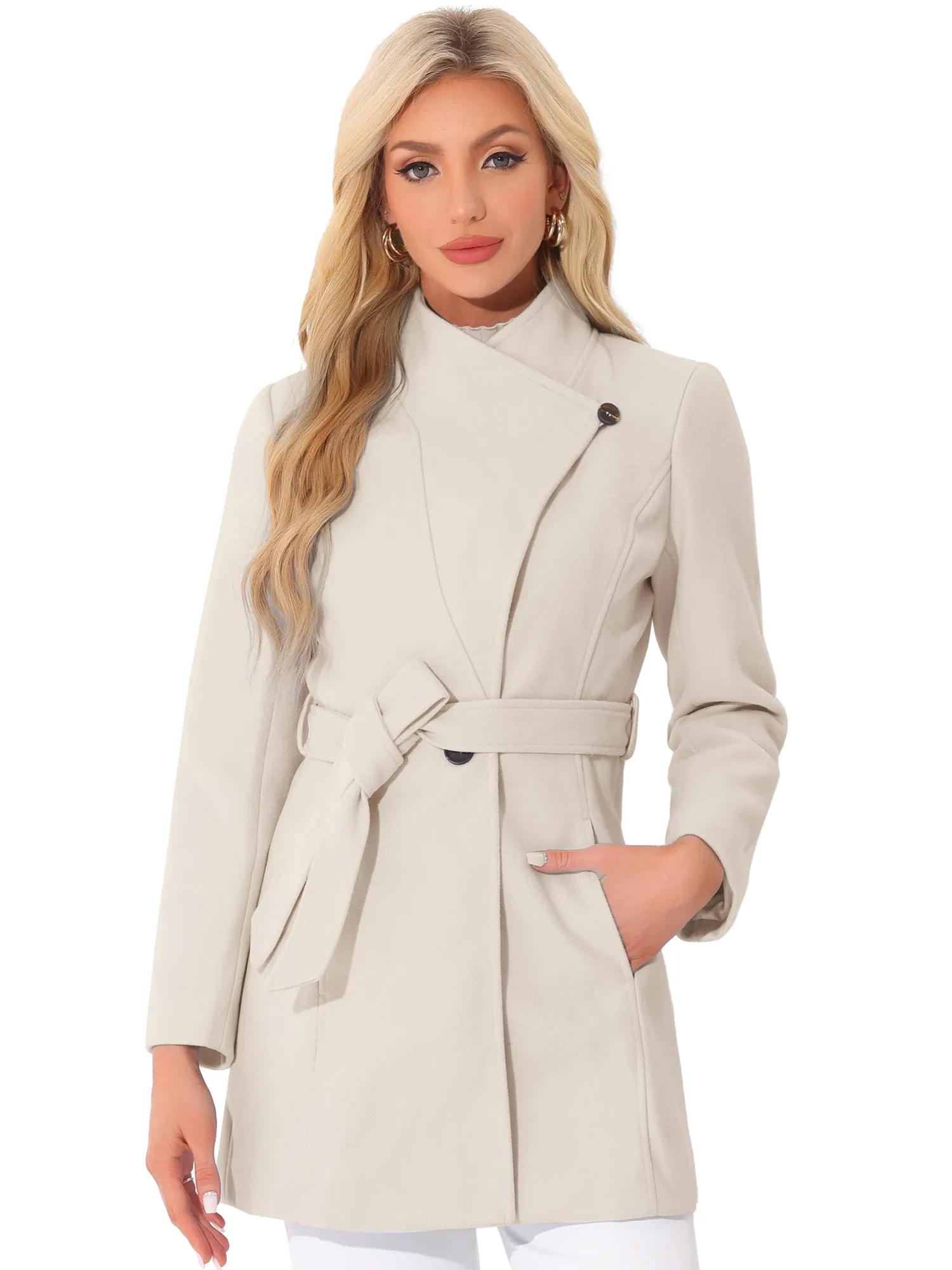 Classic Stand Collar Long Sleeve Winter Belted Coat