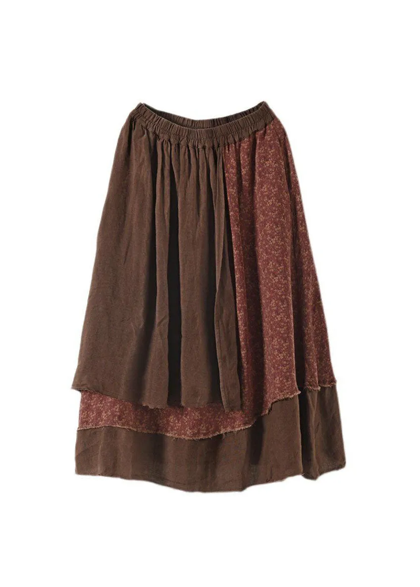 Coffee Pockets Patchwork Cotton Skirt Wrinkled Asymmetrical Spring LY0220