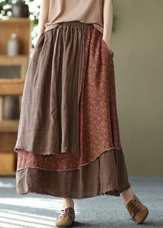 Coffee Pockets Patchwork Cotton Skirt Wrinkled Asymmetrical Spring LY0220