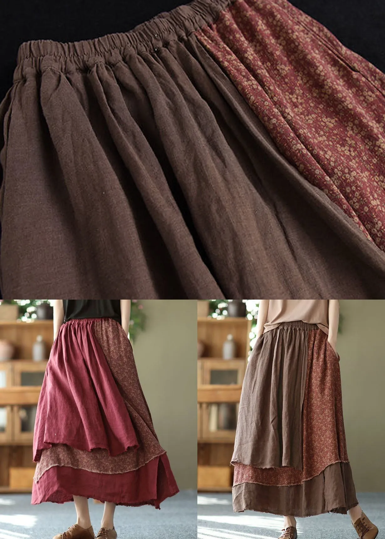 Coffee Pockets Patchwork Cotton Skirt Wrinkled Asymmetrical Spring LY0220