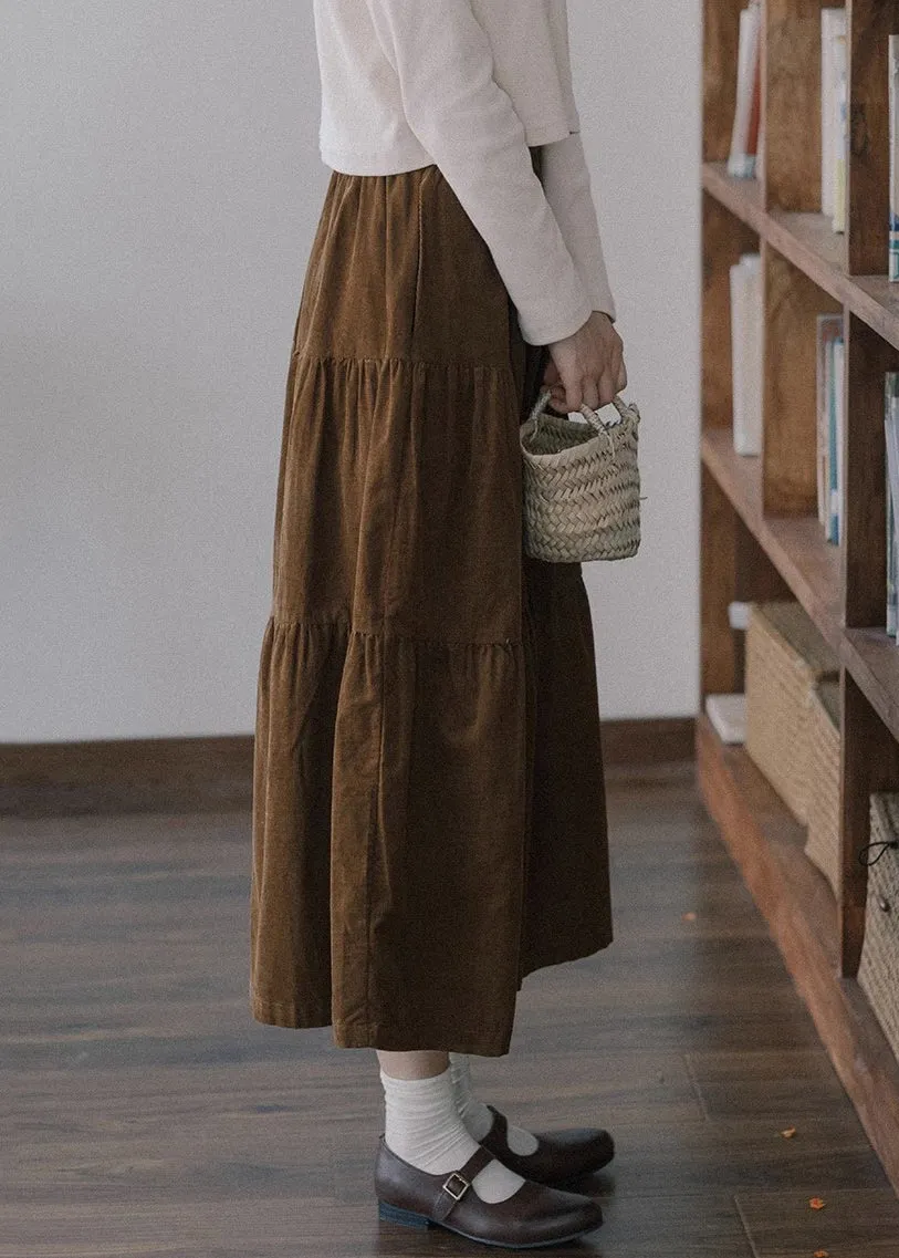 Coffee Wrinkled Pockets Patchwork Corduroy Skirts