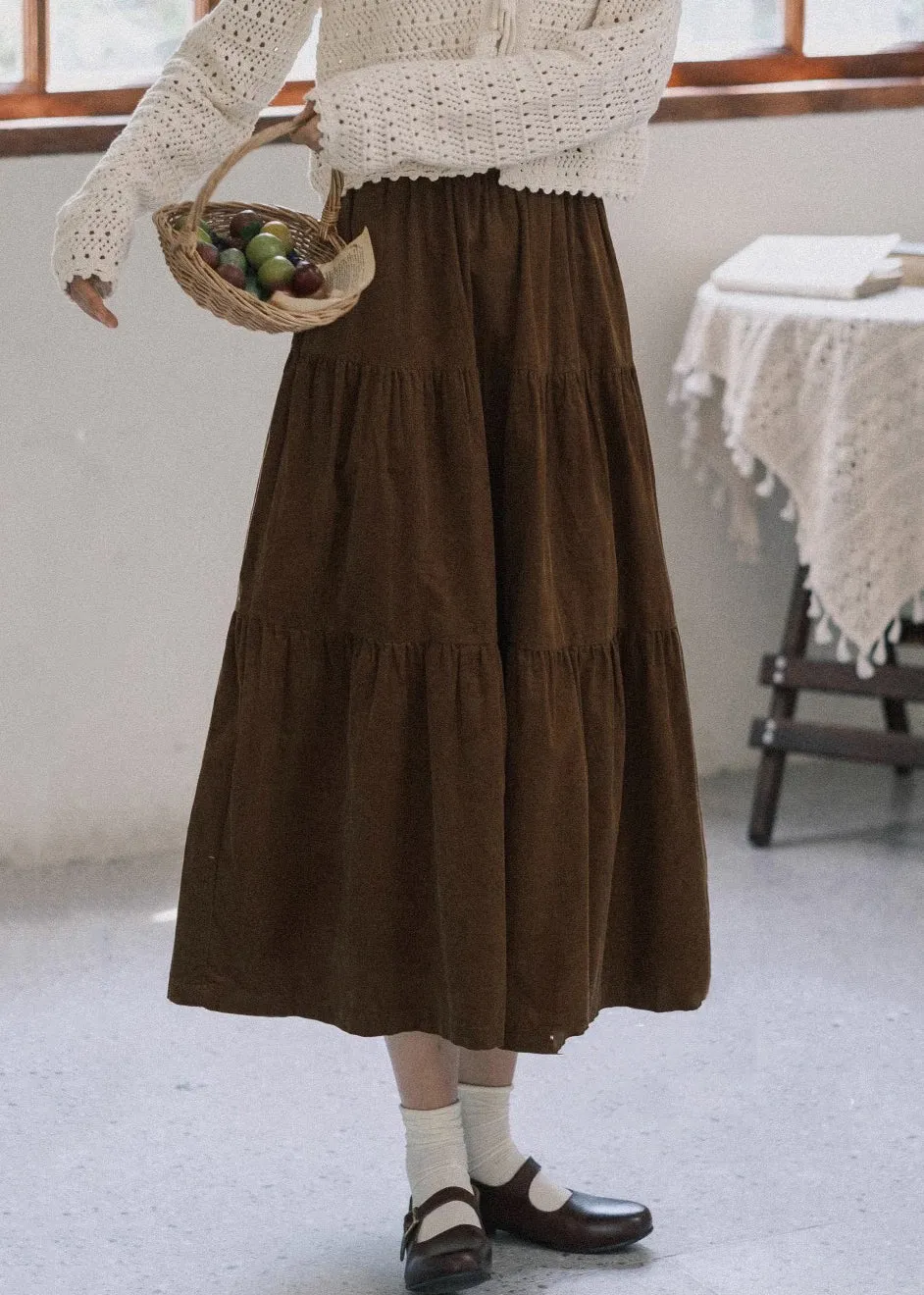 Coffee Wrinkled Pockets Patchwork Corduroy Skirts