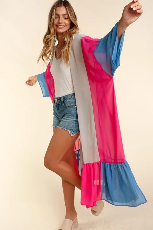 COLOR BLOCK KIMONO MAXI OPEN CARDIGAN