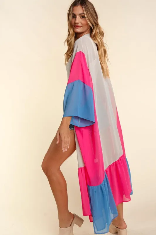 COLOR BLOCK KIMONO MAXI OPEN CARDIGAN