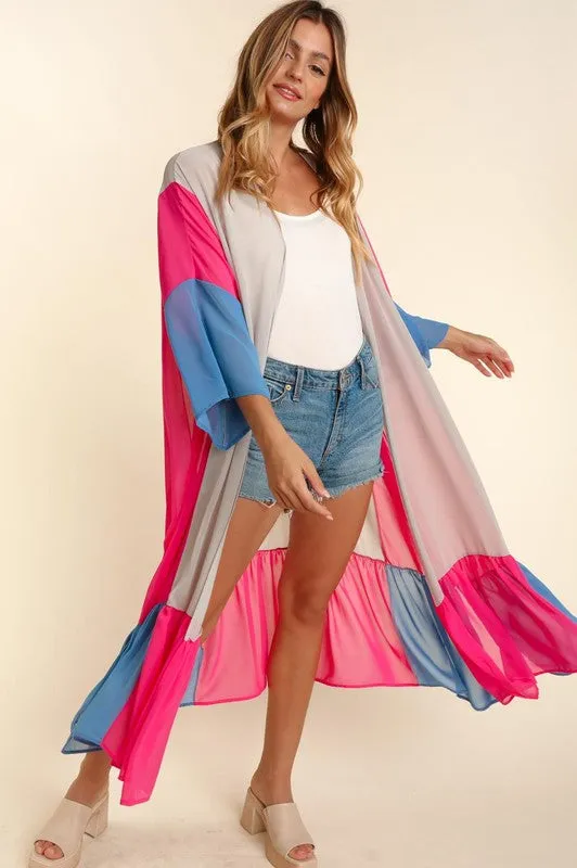 COLOR BLOCK KIMONO MAXI OPEN CARDIGAN