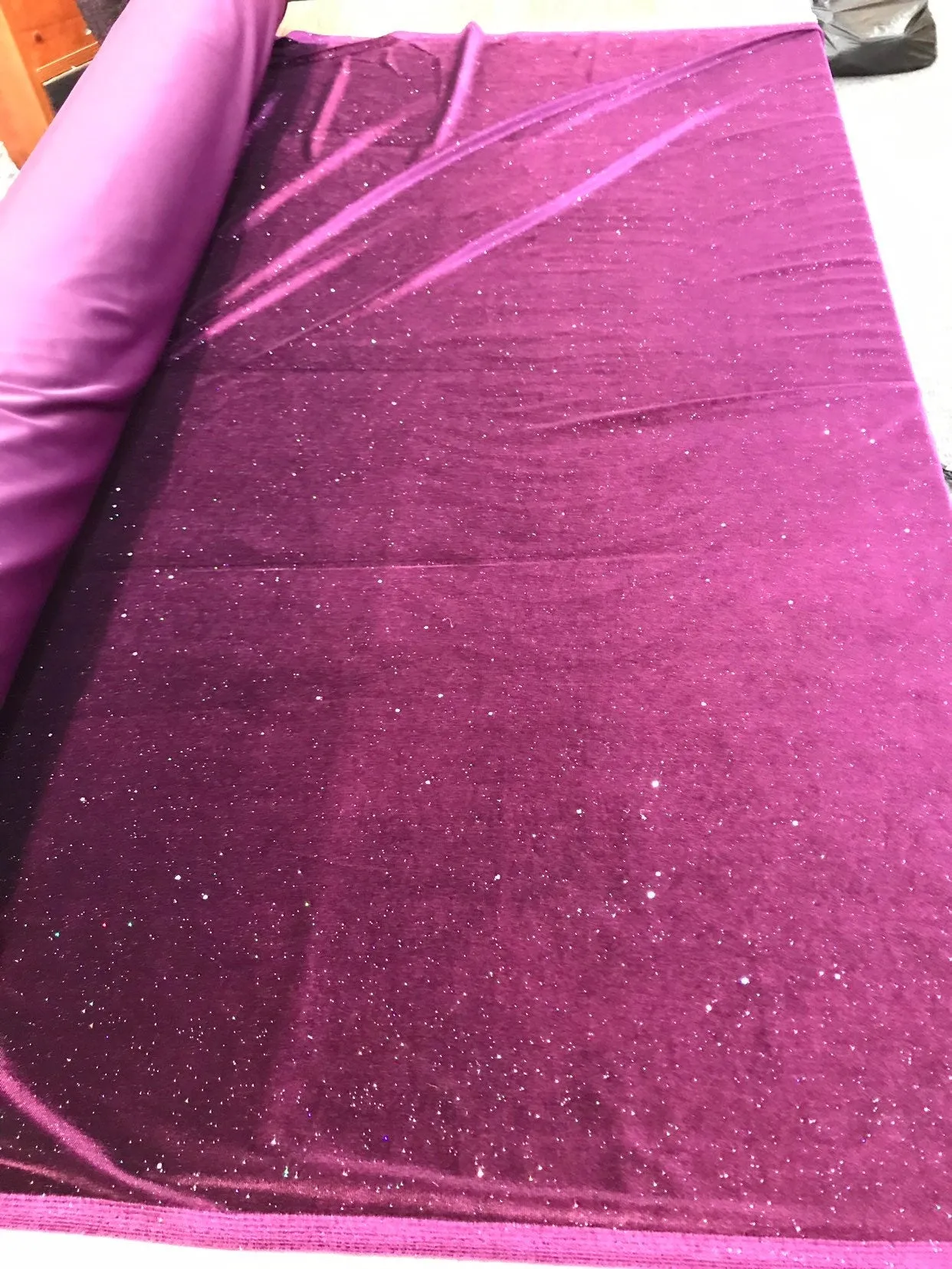 Dark purple stretch velvet with silver iridescent glitters-Selena fabric-prom-nightgown-sold by the yard