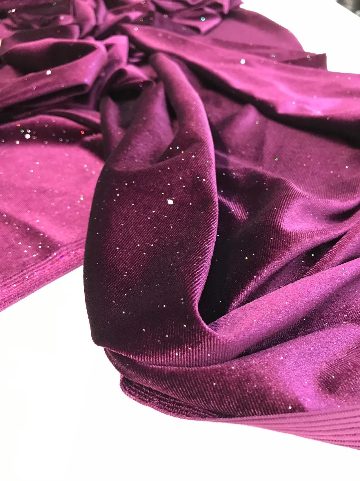 Dark purple stretch velvet with silver iridescent glitters-Selena fabric-prom-nightgown-sold by the yard