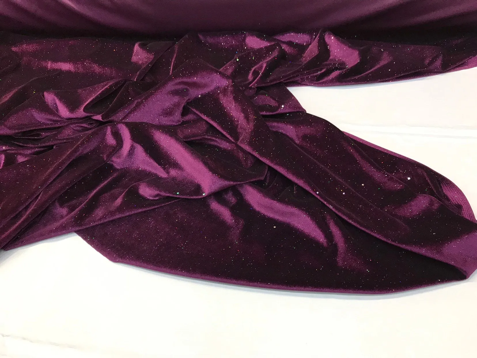 Dark purple stretch velvet with silver iridescent glitters-Selena fabric-prom-nightgown-sold by the yard