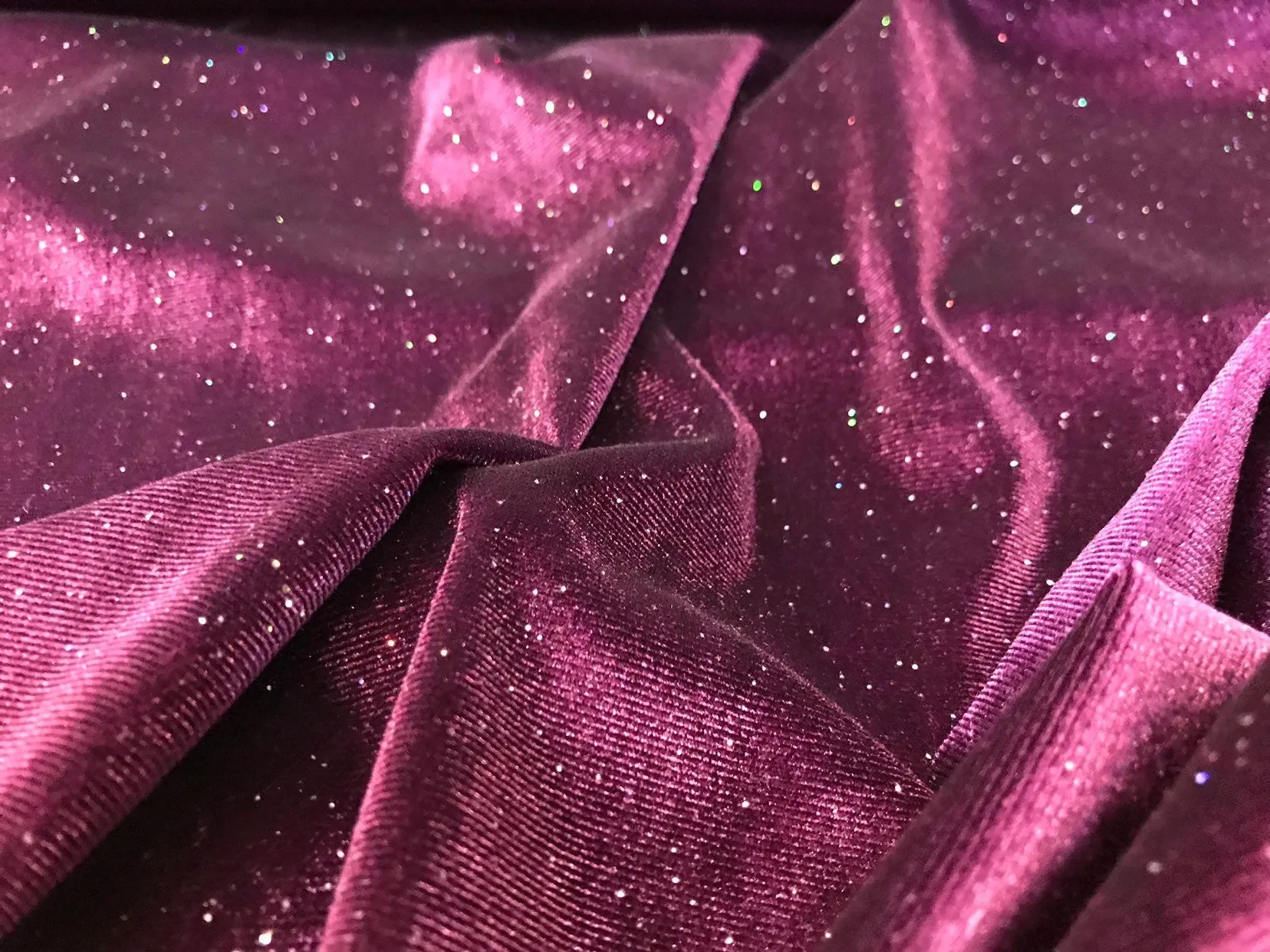 Dark purple stretch velvet with silver iridescent glitters-Selena fabric-prom-nightgown-sold by the yard