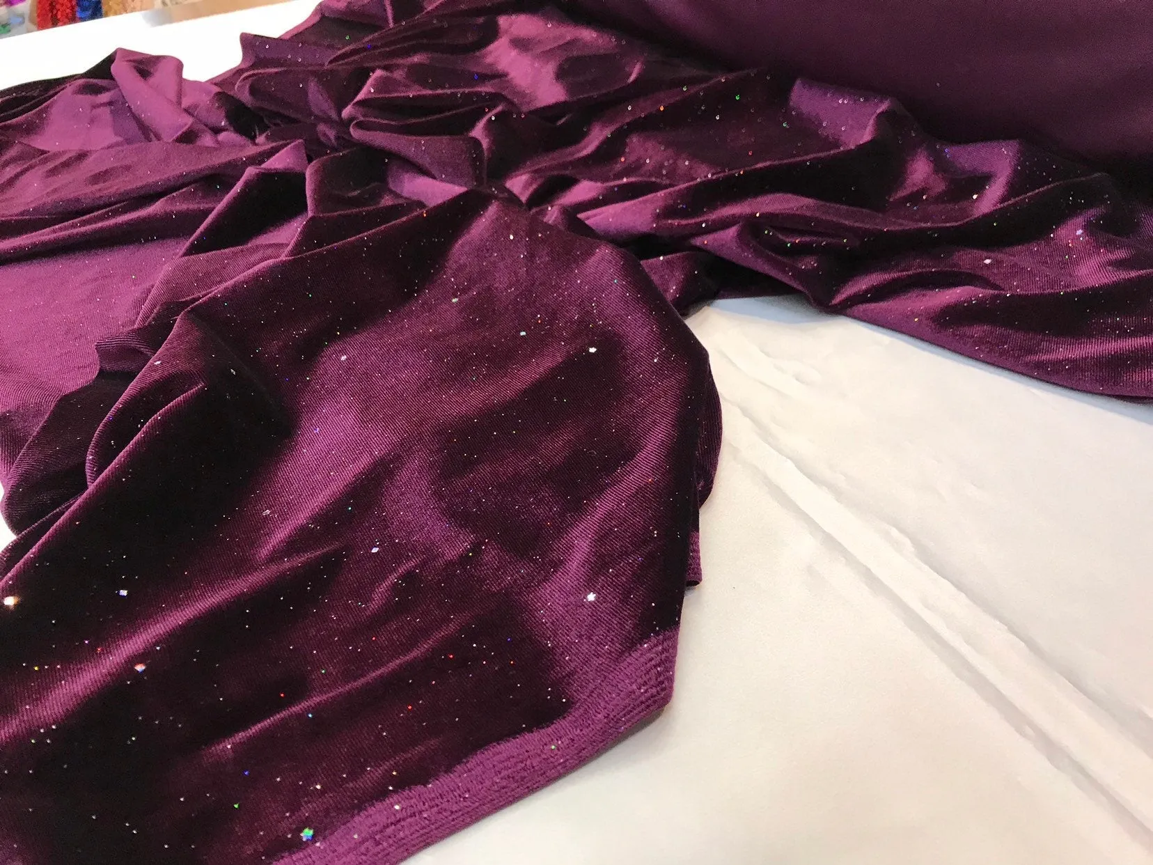 Dark purple stretch velvet with silver iridescent glitters-Selena fabric-prom-nightgown-sold by the yard