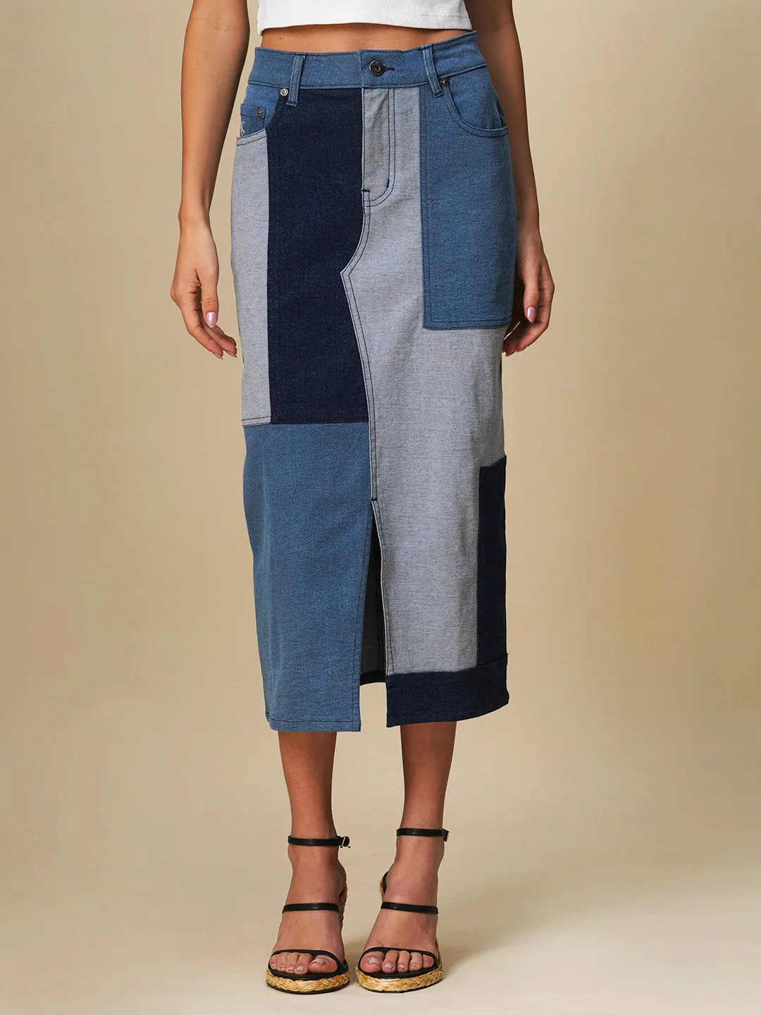 DENIM PATCHWORK STARIGHT SKIRT