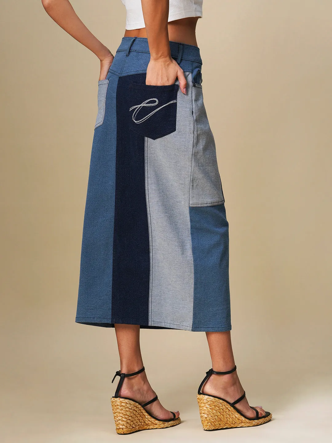 DENIM PATCHWORK STARIGHT SKIRT