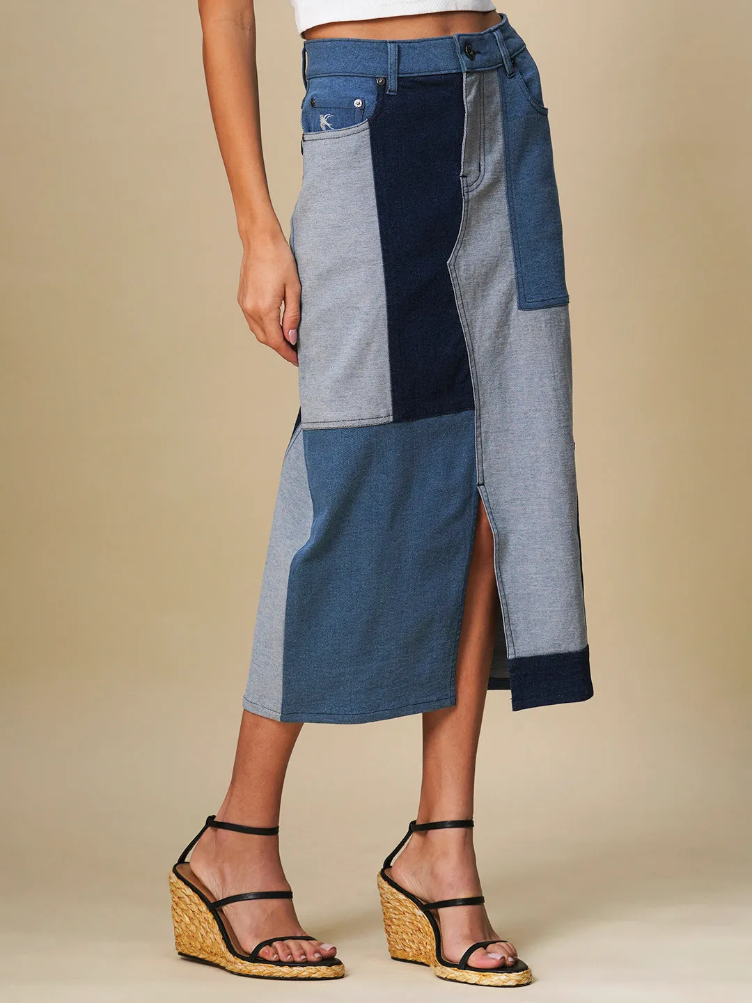 DENIM PATCHWORK STARIGHT SKIRT