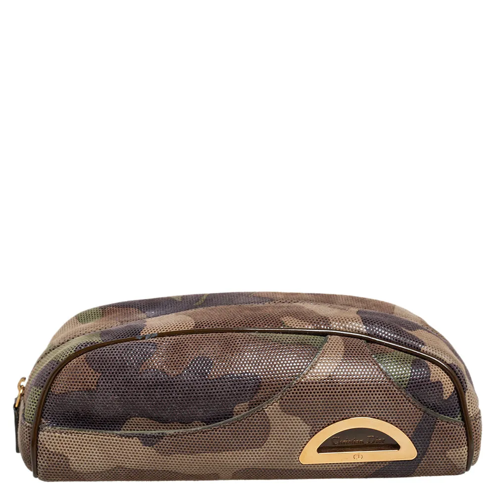 DIOR Green Camouflage Print Shimmer Leather Zip Pouch