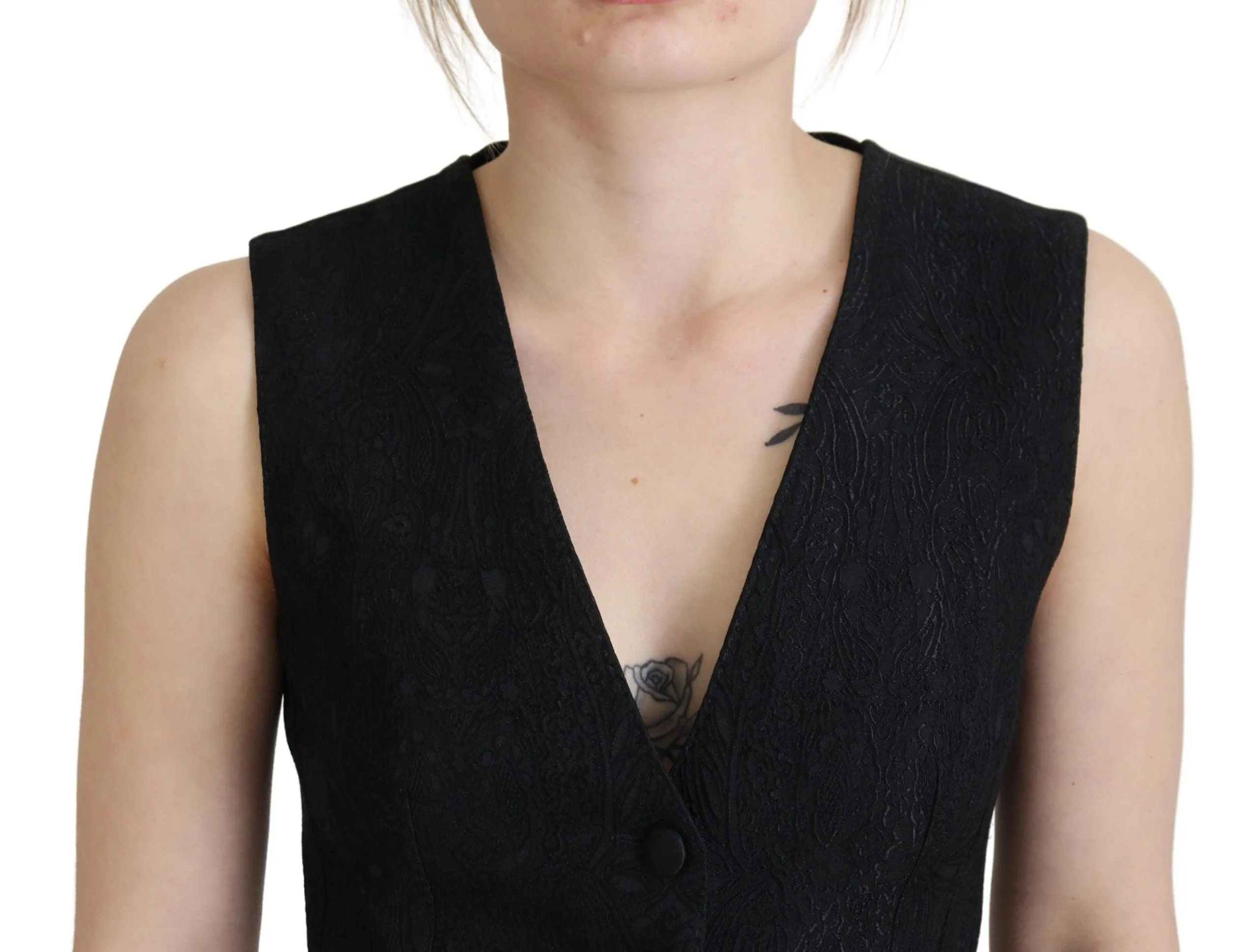 Dolce & Gabbana Black Brocade Button Down Sleeveless Vest Top