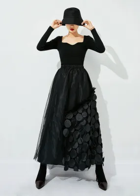 French Black Elastic Waist Patchwork Dot Tulle Vacation Skirts Spring LY0857