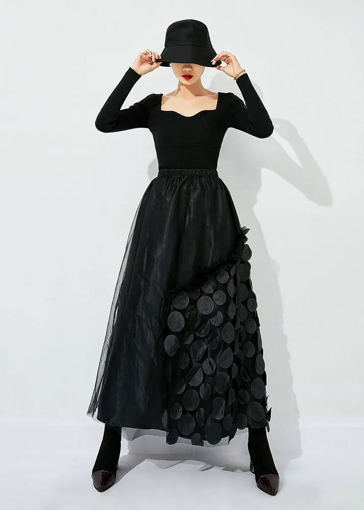 French Black Elastic Waist Patchwork Dot Tulle Vacation Skirts Spring LY0857