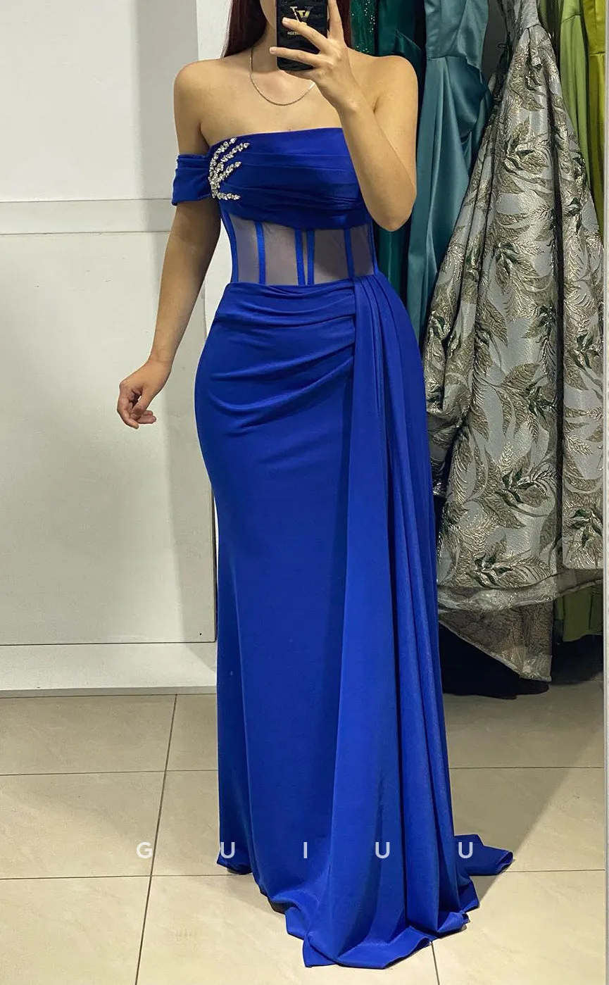 G2837 - One Shoulder Velvet Beaded Sheer Blue Long Prom Evening Dress