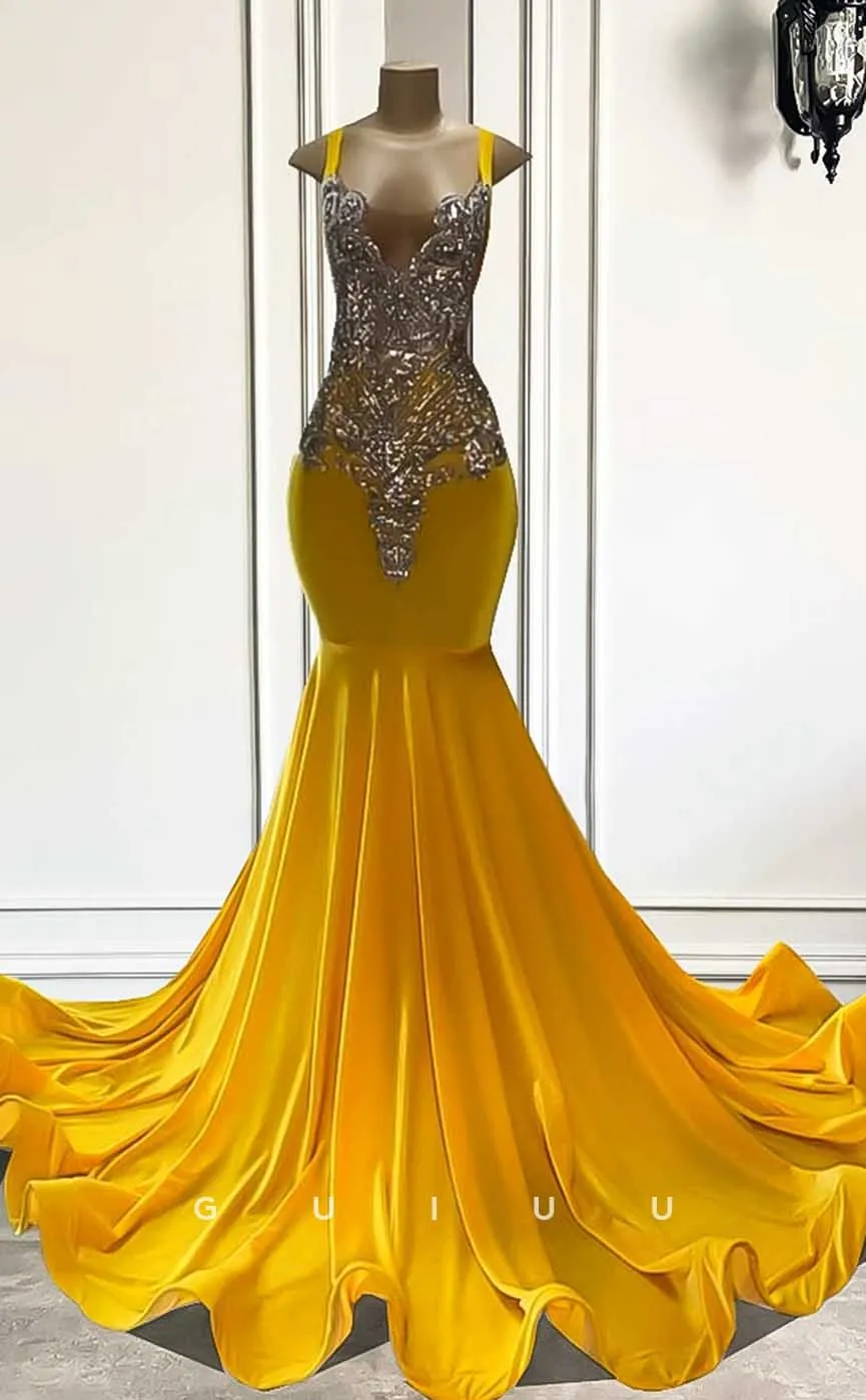 G4589 - Chic & Modern Straps Sleeveless Crystal Yellow Velvet Court Train Prom Party Dresss