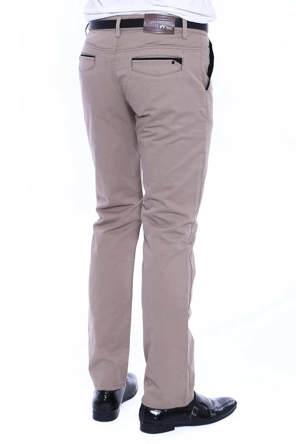 Garment Stitched Pockets Cotton Beige Men Trousers