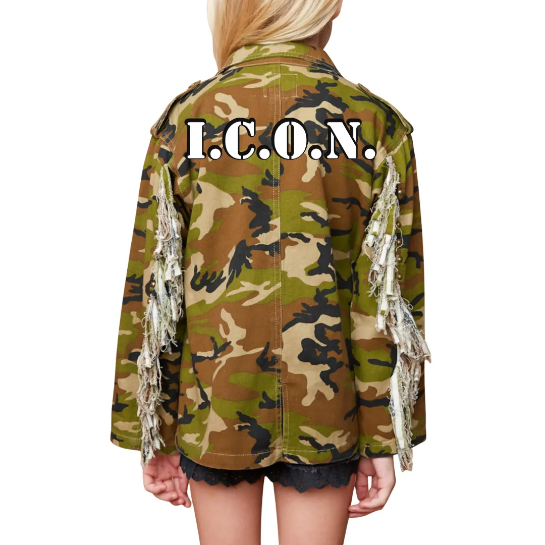 Girls Camo Fringe Sleeve Jacket