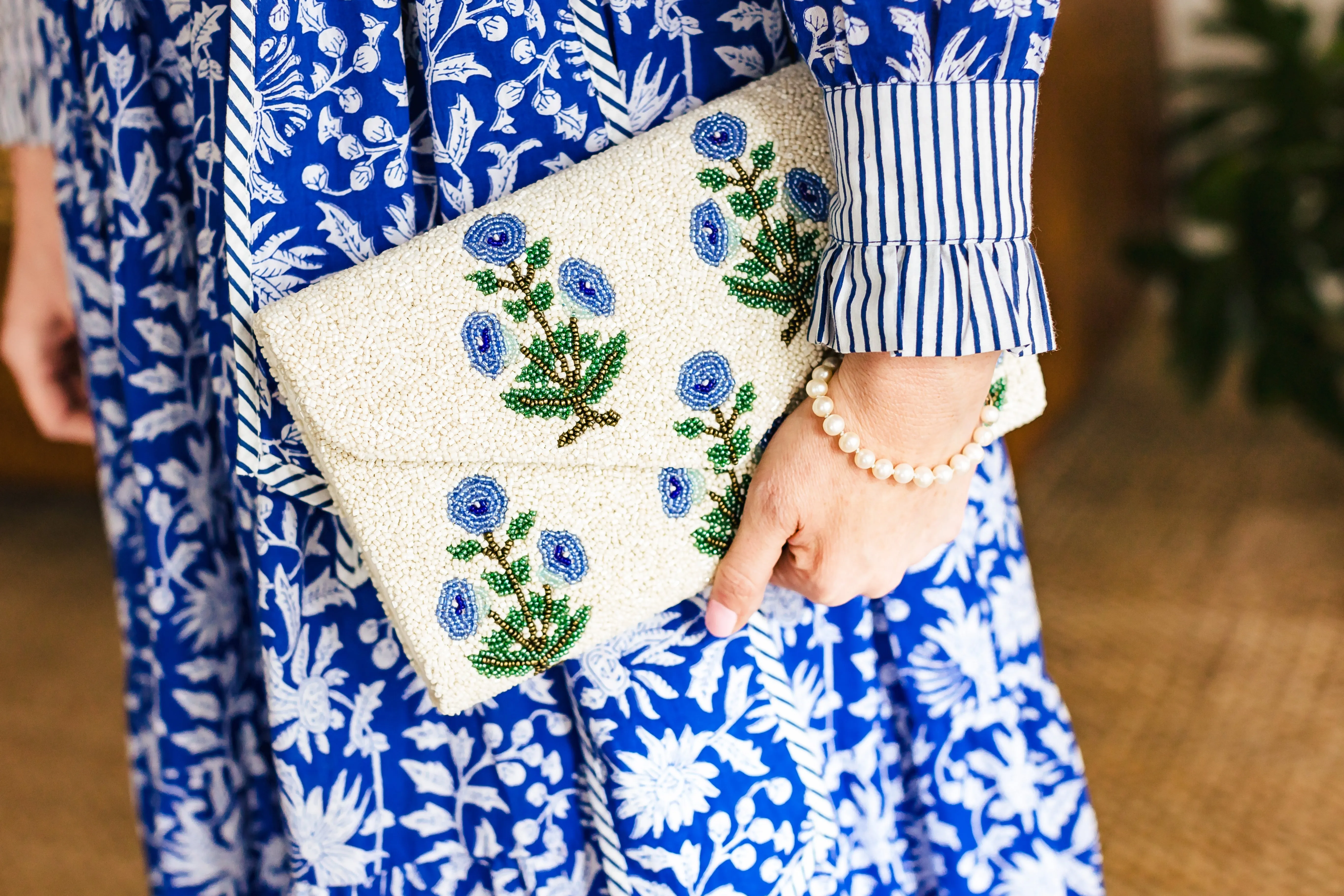 Hand beaded floral clutch in periwinkle block print floral *in stock!*