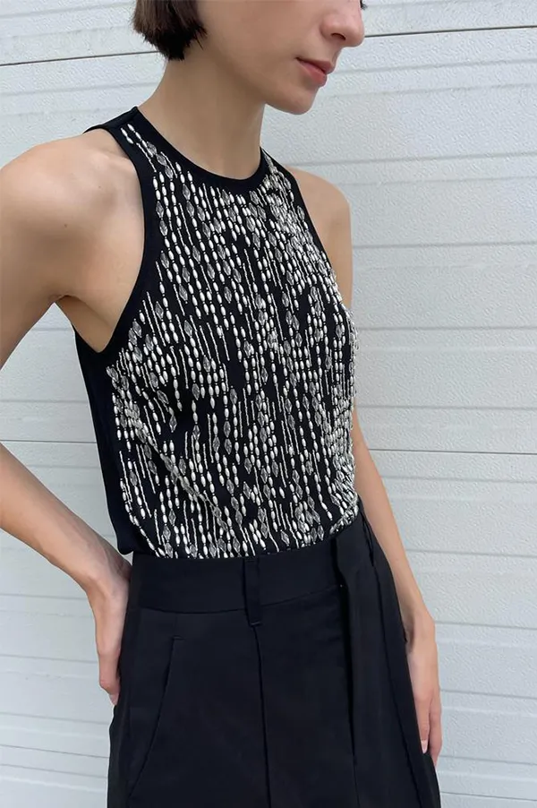 Hand Beaded Racer Top in Black