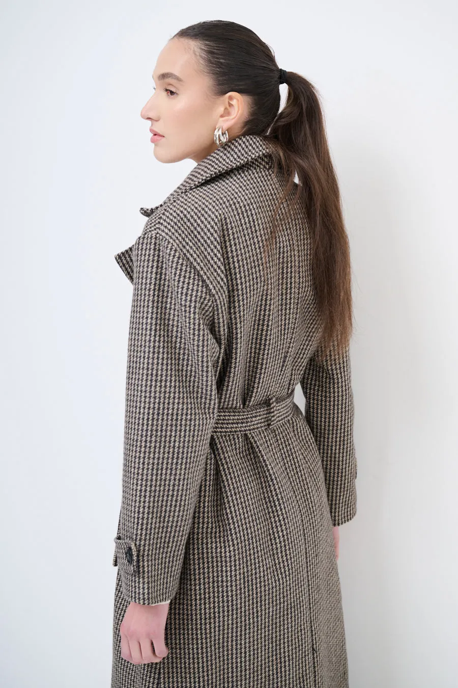 Houndstooth trench coat with belted waist wholesale