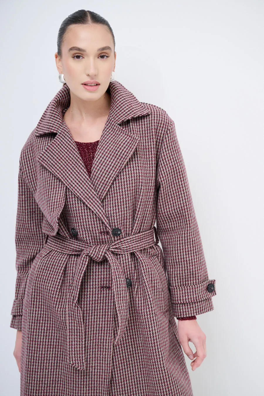 Houndstooth trench coat with belted waist wholesale