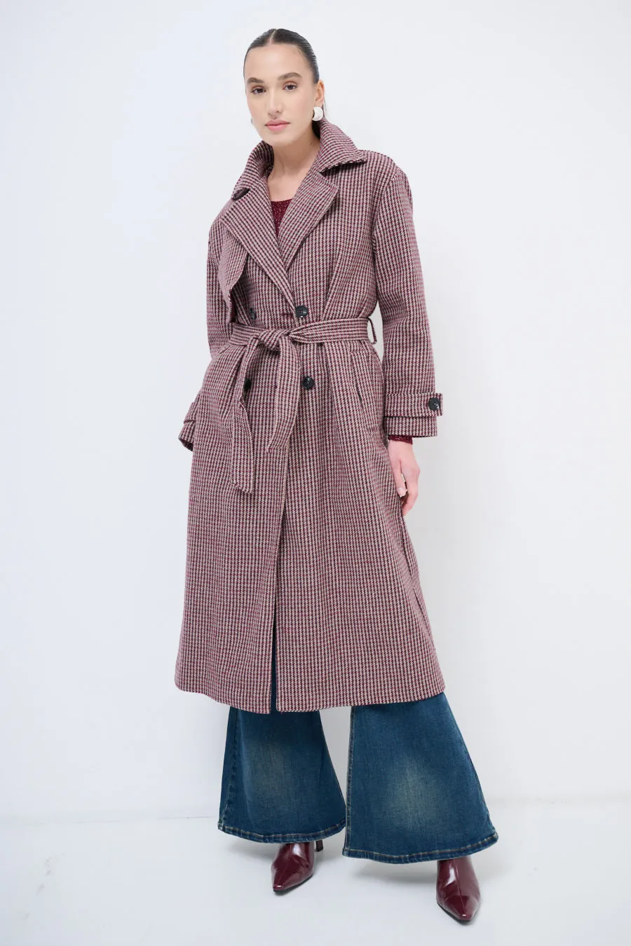 Houndstooth trench coat with belted waist wholesale