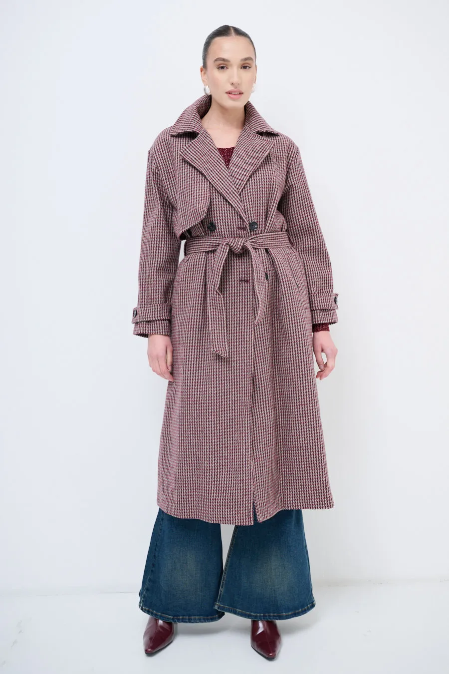 Houndstooth trench coat with belted waist wholesale