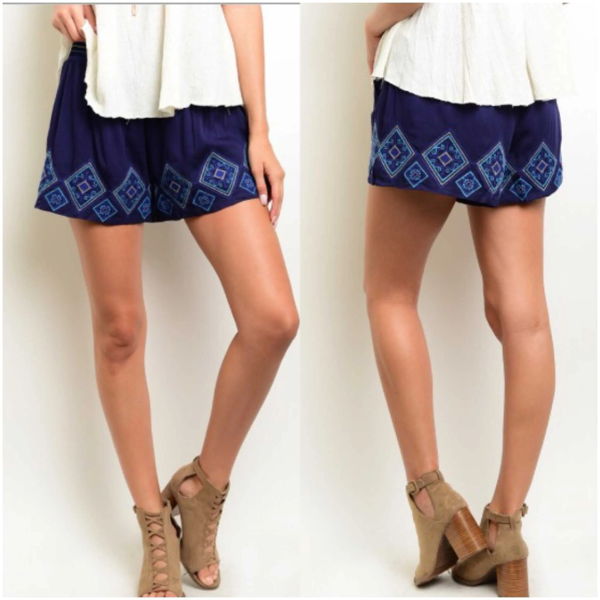 Ivory / Navy Embroidered Palazzo Aztec Shorts