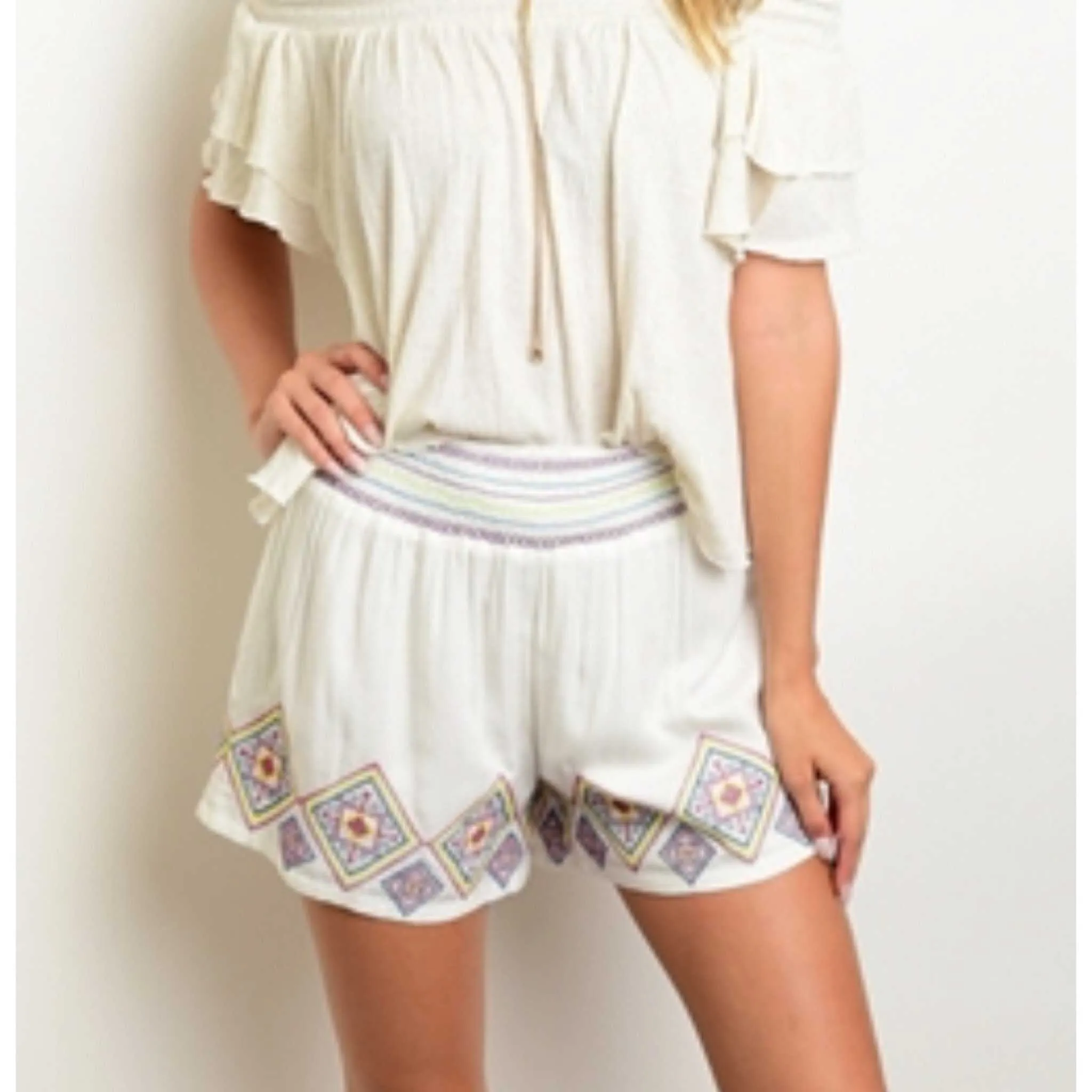 Ivory / Navy Embroidered Palazzo Aztec Shorts