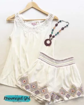 Ivory / Navy Embroidered Palazzo Aztec Shorts