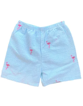 Kids Turquoise Seersucker Shorts with Pink Embroidered Flamingos