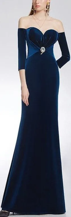 Long Blue Embellished Velvet Gown