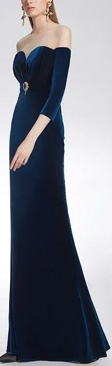 Long Blue Embellished Velvet Gown